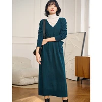 dress women simple style 100 cashmere knitted v neck long sleeves 3 colors straight high quality dresses ladies new fashion