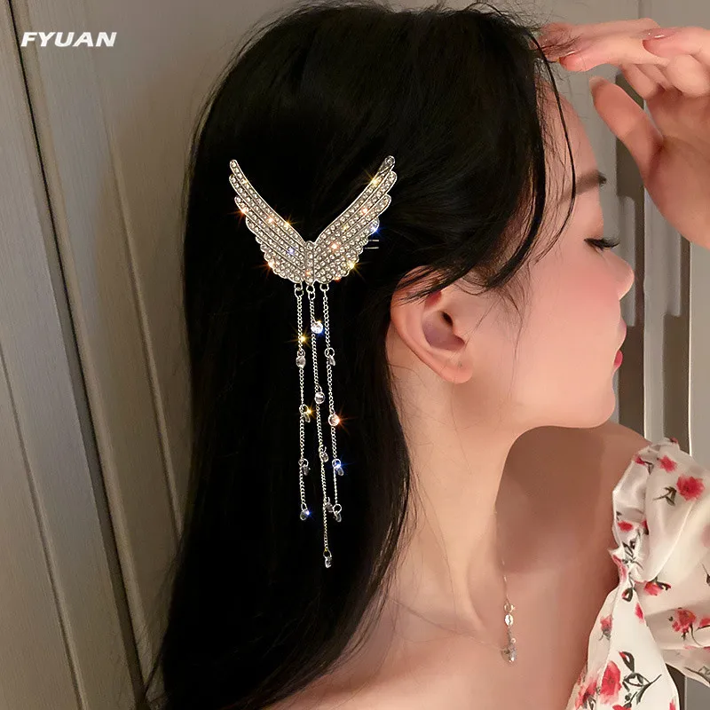 

FYUAN Korean Style Beautiful Wings Hairpins for Women Long Tassel Rhinestones Crystal Hair Accessories Weddings Jewelry