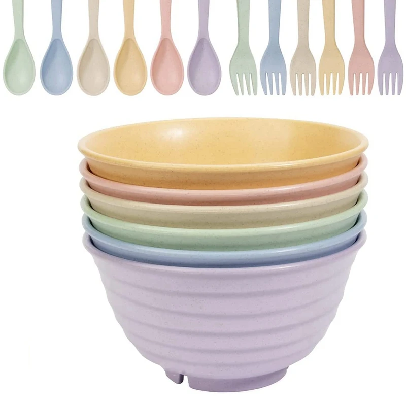 

Unbreakable Cereal Bowls,30 OZ Wheat Straw Fiber Lightweight Bowl Sets of 6 - with 6 Spoons & 6 Forks - for Rice Noodle