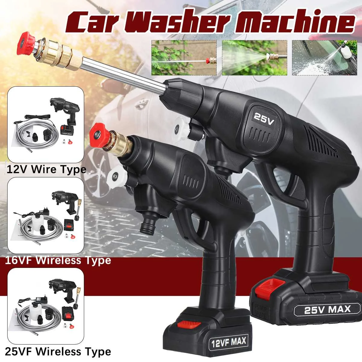 25VF High Pressure Wireless Car Wash Water Gun 12V Car Cigarette Lighter Washer Foam Handheld Clening Foam Machine with Nozzle