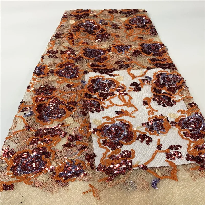 

Нигерийская кружевная ткань оранжевая/Золотая Высококачественная кружевная французская Тюлевая кружевная ткань 2020 с блестками африканск...