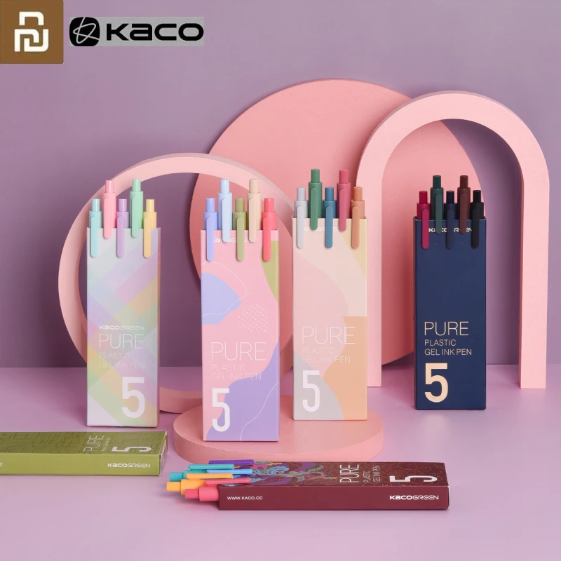 

Youpin 5pcs/box Kaco Cute Retractable Gel Pens Vintage Pen Extra Fine 0.5mm Kawaii Pen Stationery for Kid School Office Supplies