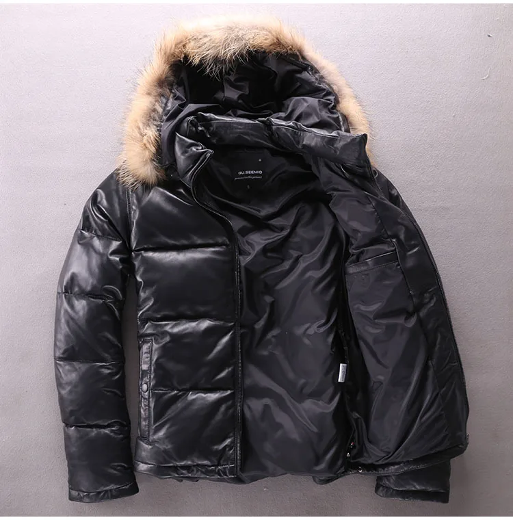

Plus Size Mens Slim Genuine Leather Jacket Man Winter Warm 90% Duck Down Coat Thick Sheepskin Outwear Racoon Hair