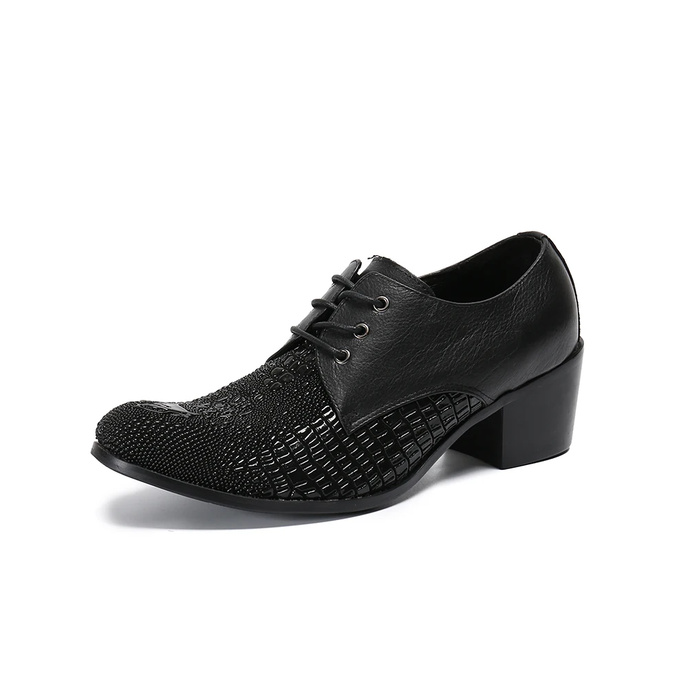 

Christia Bella Genuine Leather Male Fashion Black Round Toe Heighten Shoes Men's Party Prom Dance Oxfords Shoes Man Brogue Shoes