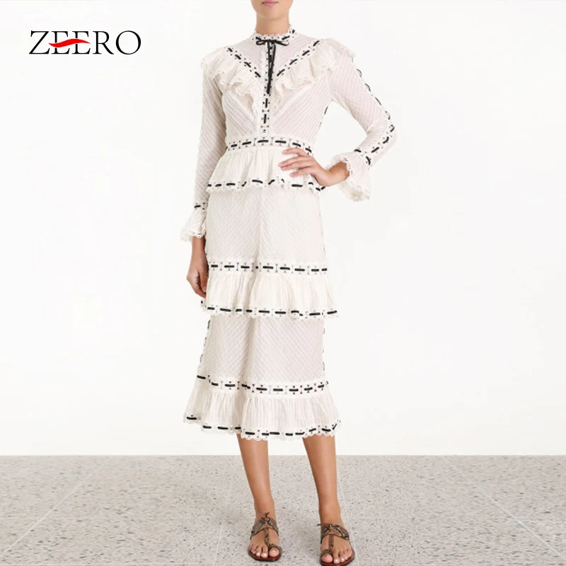 2020 SP весеннее белое кружевное подиумное платье миди с расклешенными рукавами