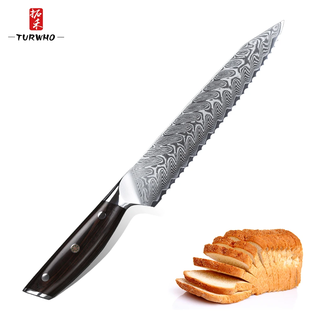 TURWHO 8 inch Chef Serrated Bread Knife Damascus Stainless Steel Red Sandalwood Handle Kitchen Knives High Quality Cake knife
