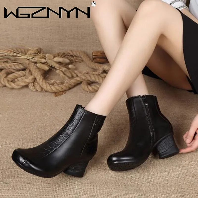 

Hot 2021 Newest Autumn Winter Retro Embossed Leather Boots Women Boots Fashion Elegant Thick with High Heels Women Shoes Boots