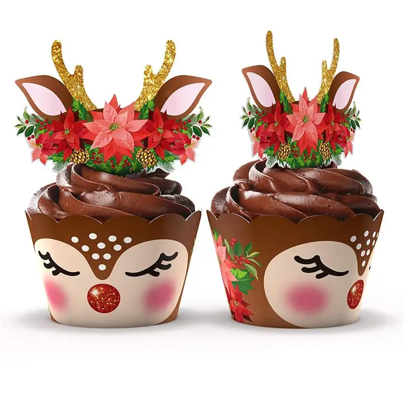 24 комплекта с рождественскими оленями украшение торта бумажные Формы для кексов