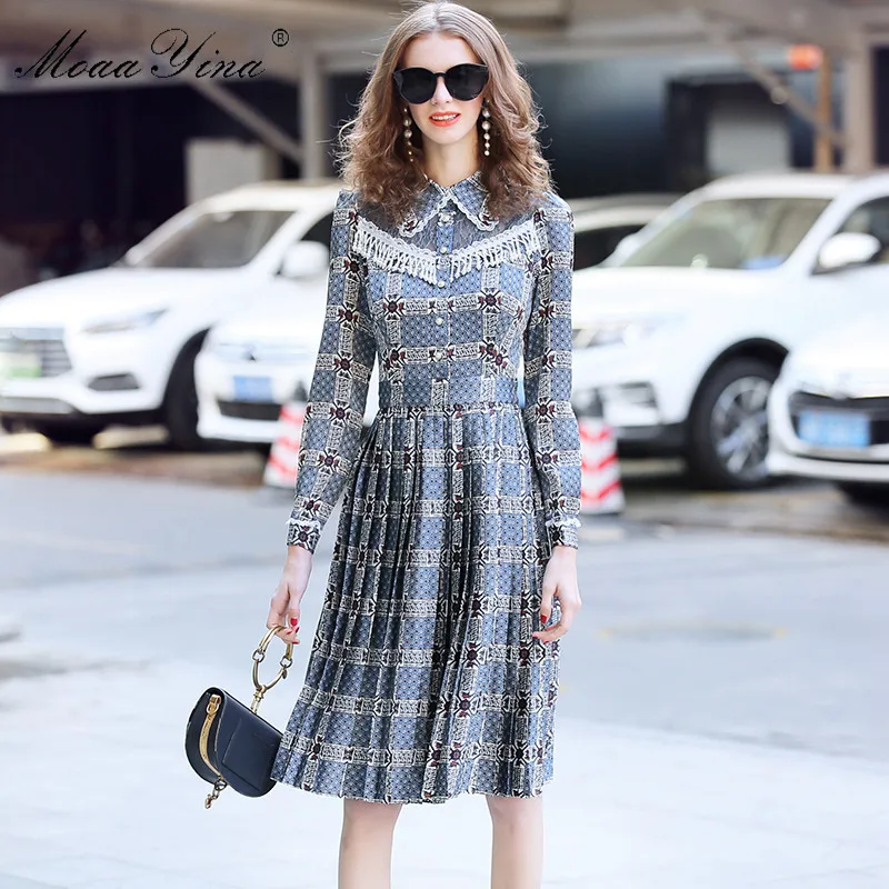 MoaaYina модное дизайнерское платье весна осень женское длинный рукав кружево бисер