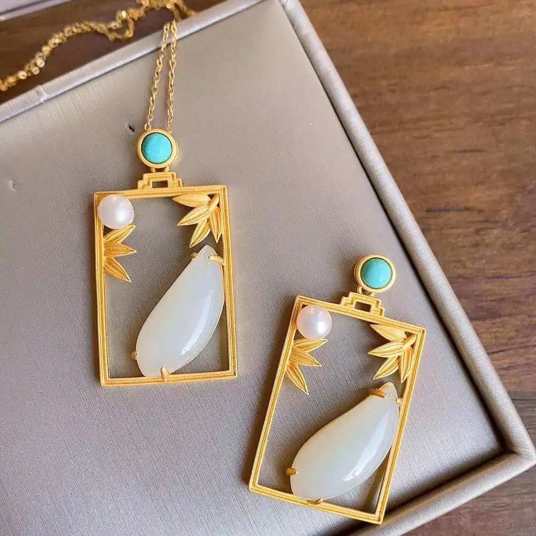 

silver inlaid natural Hetian white jade bamboo leaf Pendant Necklace Chinese style retro geometric elegant women's brand jewelry