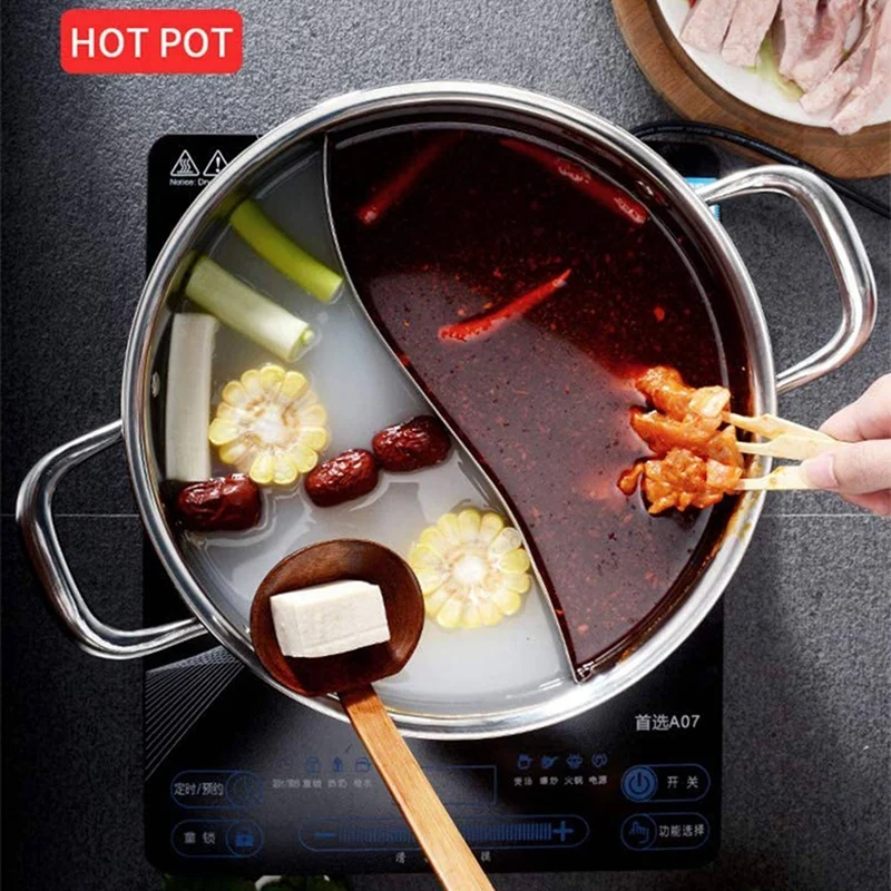 

Stainless Steel Hot with Divider,Household Hot Pot Soup Pot Soup Base Korean BBQ Cooker Ramen Cooker for Gas Stove