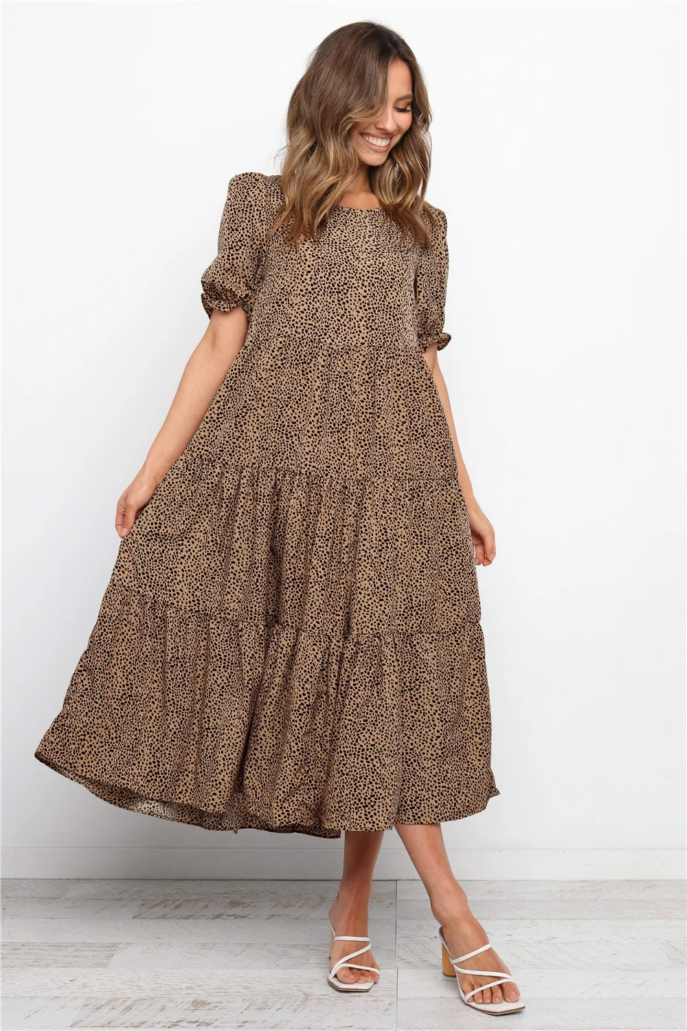 

2021 Summer Women's Dress O-neck Polka Dot Printed Puff Sleeve Loose Dresses Summer Casual Short Sleeve Dress Vestidos