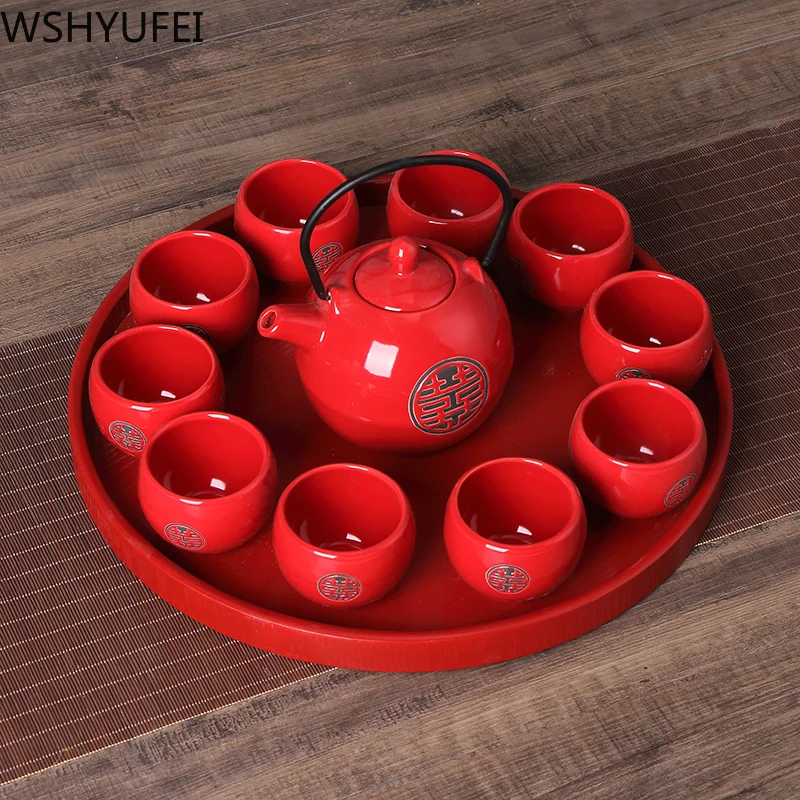 Chinese traditional wedding ceramic tea set Red Double Happiness Teapot Newlywed Gift Home Tea Set Accessories WSHYUFEI