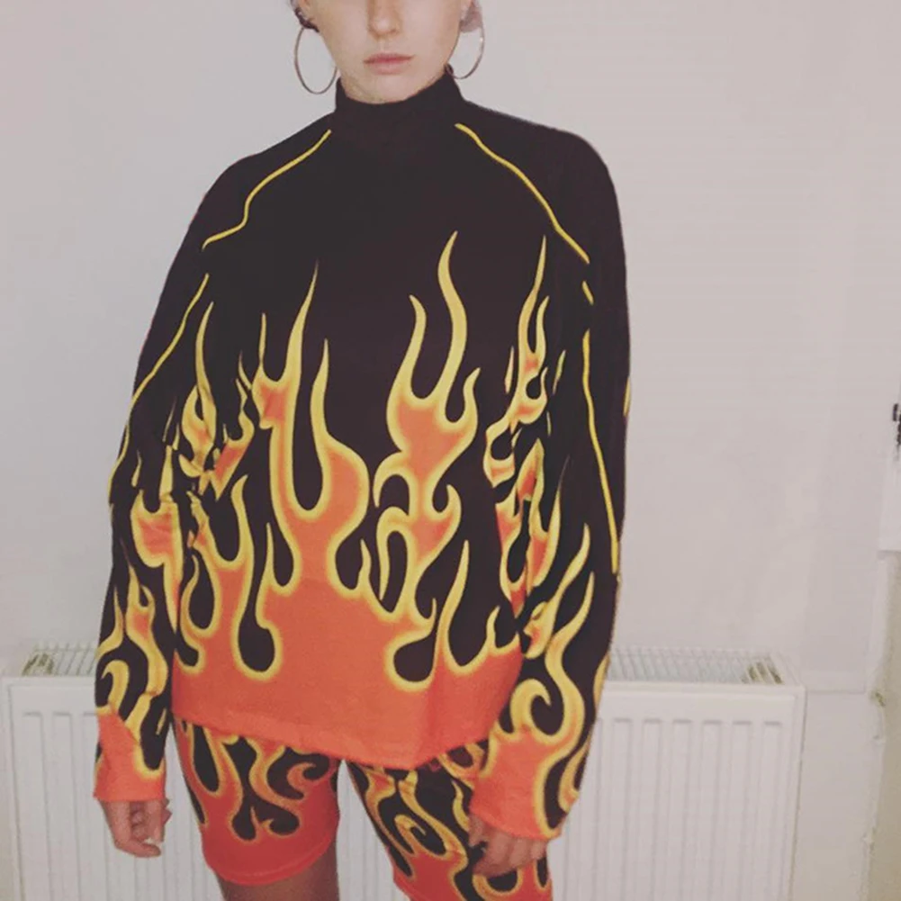 Осень 2019 свитшот с рисунком огня уличная мода повседневные женские пуловеры