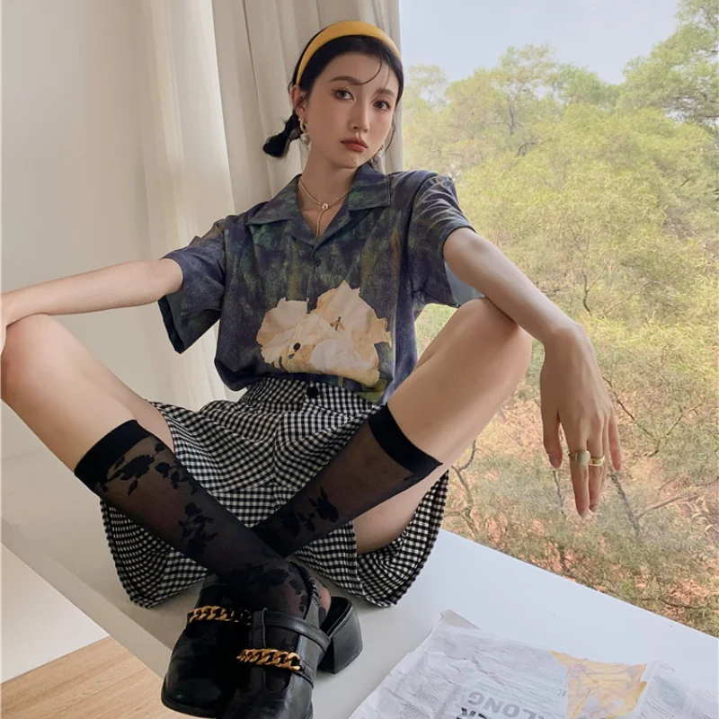 

Kimotimo Print Buttoned Shirt Women Design Turn-down Collar Minority Ladies Tops Summer 2021 New Short Sleeve Vintage Blouse