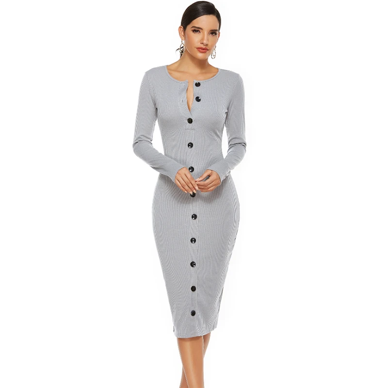

Ribbed Quarter Button Up Long Bodycon Dresses for Women Sexy Long Sleeve Knee Length Sweater Dress Plus Size