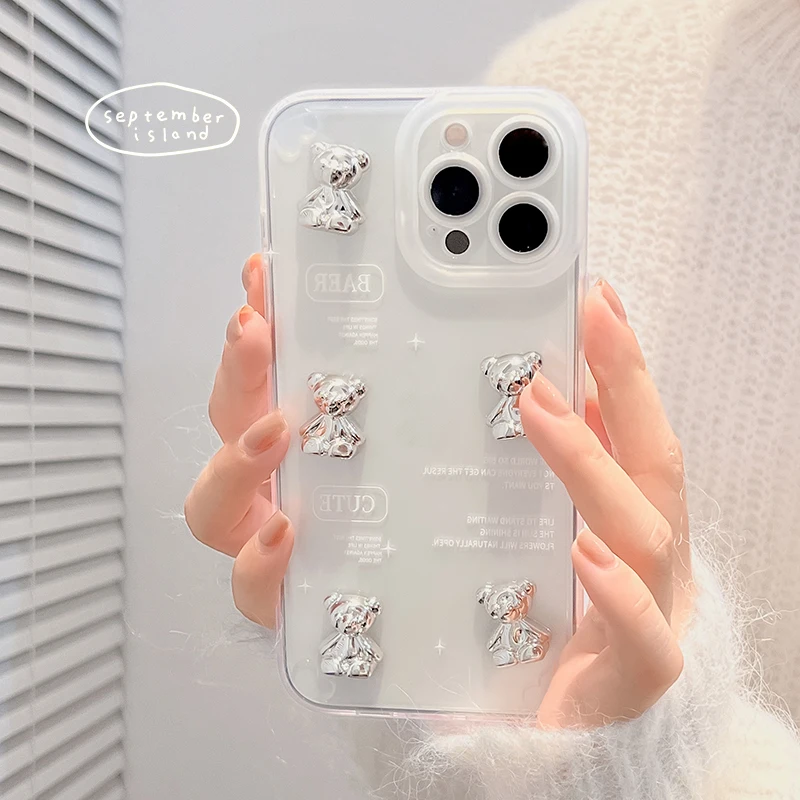 

3D Korea Cartoon Cute Bear Transparent Soft Silicone Phone Case for iphone 13 12 11 Pro Max MiNi XR X XS 7 8 plus SE Cover