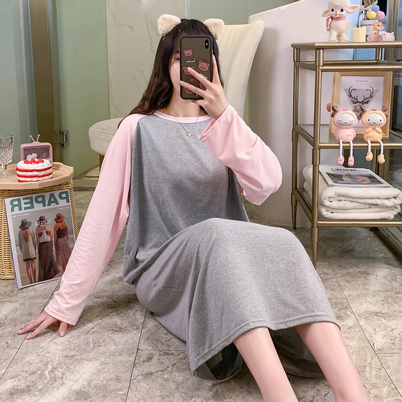 2021 Spring and Autumn New Long Sleeve Korean Fresh Nightdress Women's Casual Loose Pink Gray Pregnant Women's Long Home Wear