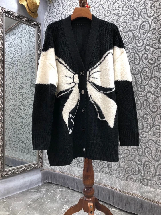 

2021 new women fashion V-neck bow pattern color matching decorative buttons long-sleeved loose cardigan 1014