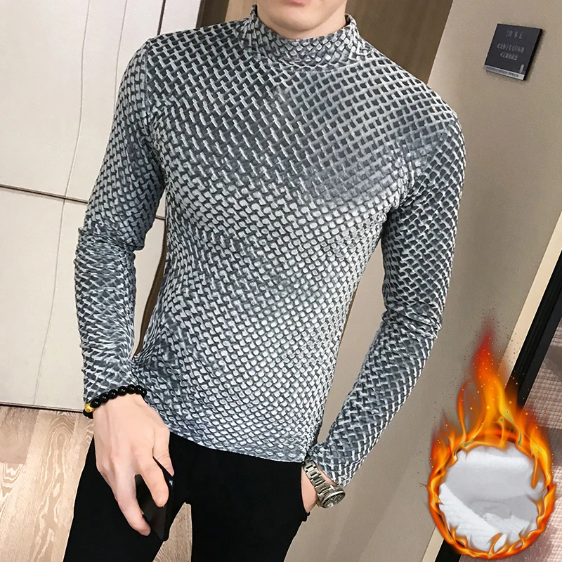 Fashion men plaid sweater long sleeve pullover winter thick warm turtleneck black casual pullover male slim fit knitted sweater - Цвет: Серый