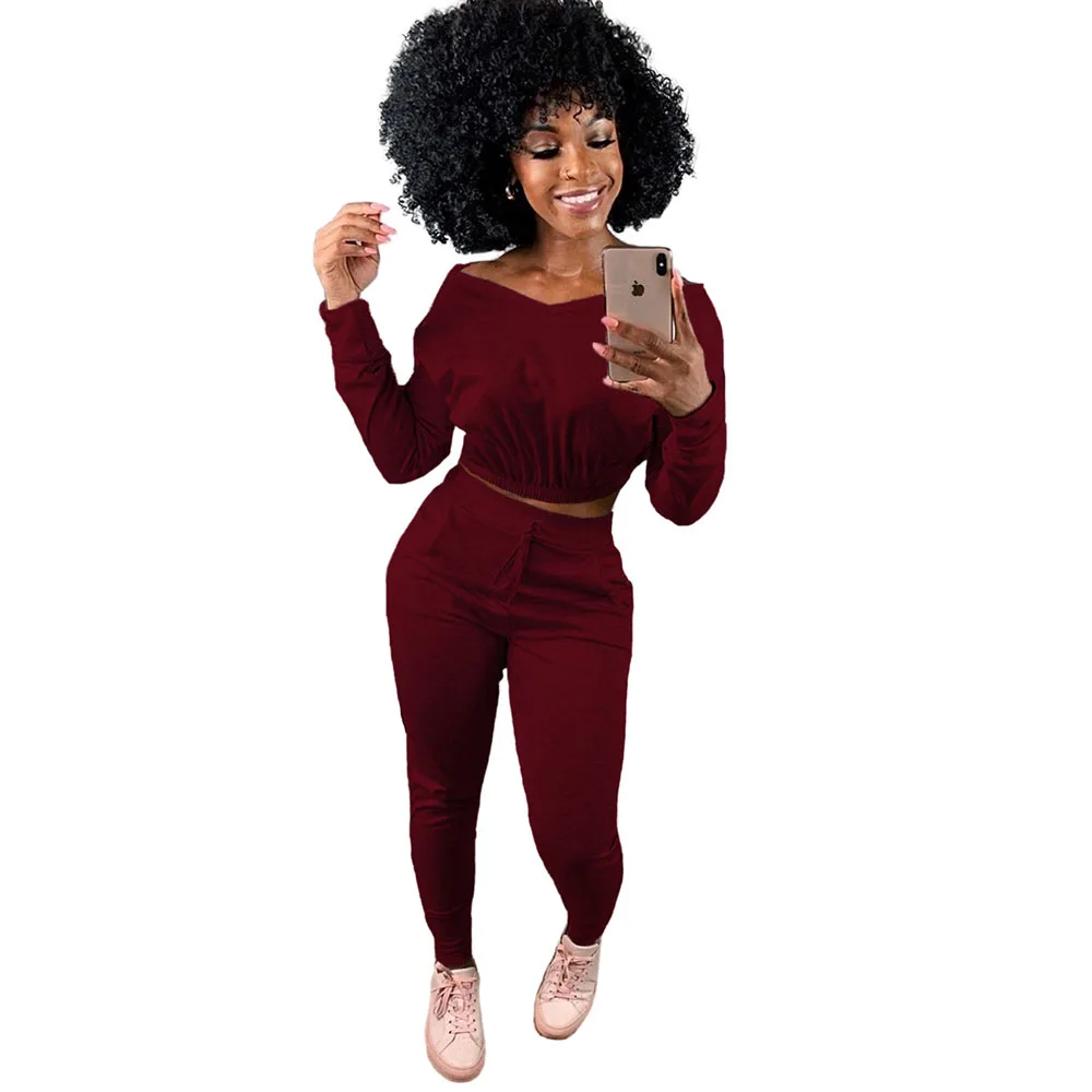 

Solid V Neck Long Sleeve Crop Tops and High Waist Pencil Pant Female Tracksuit Sportswear Workout Fitness Matching Set 2 Pcs Set