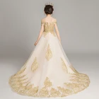 Свадебное платье с открытыми плечами для девочек, платье принцессы из тюля с золотыми блестками и цветочным узором для девочек, детское праздничное платье для причастия