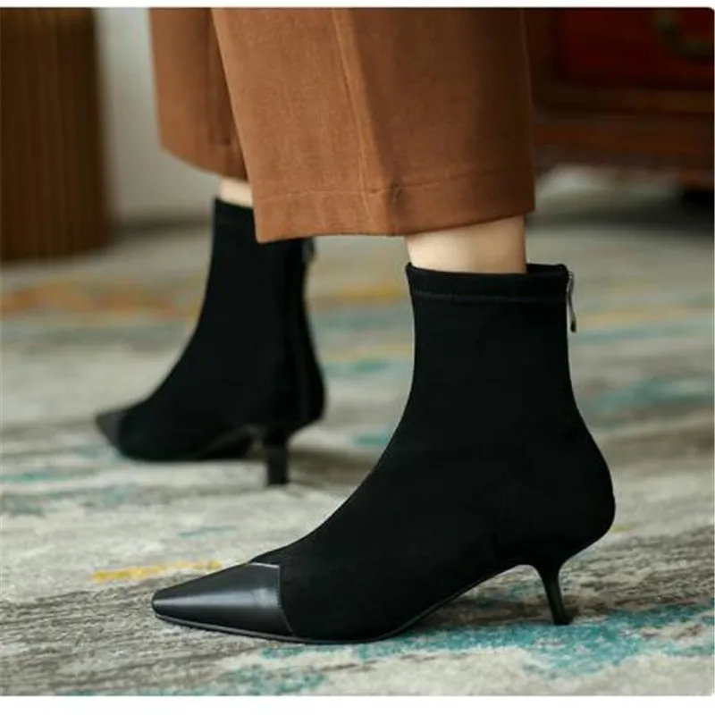 

New Winter 2020 Women's Shoes Imported Elastic Leather Fleece Spliced Imported Coal Fired Microfiber Leather Thin Heels