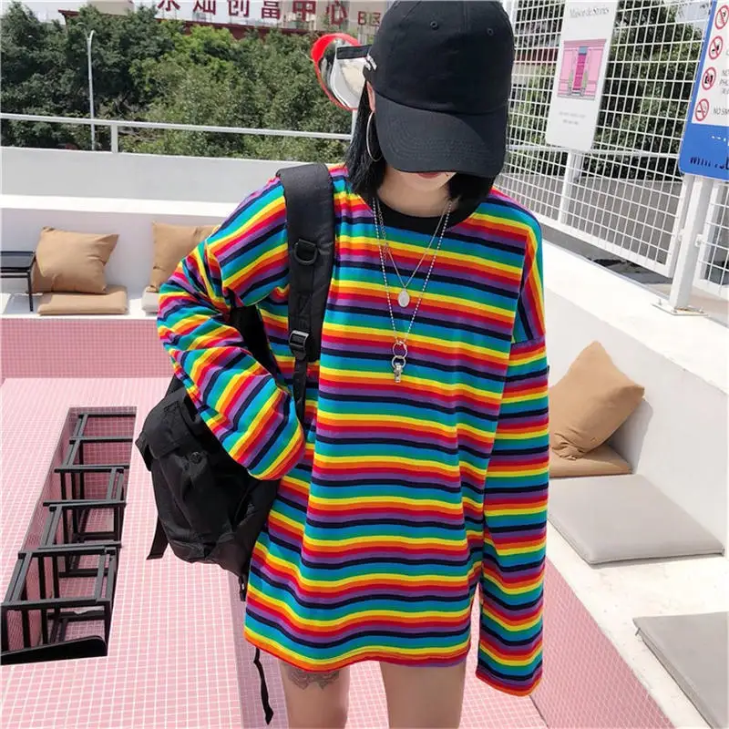Футболка в радужную полоску Осенняя женская футболка Harajuku футболки с длинными
