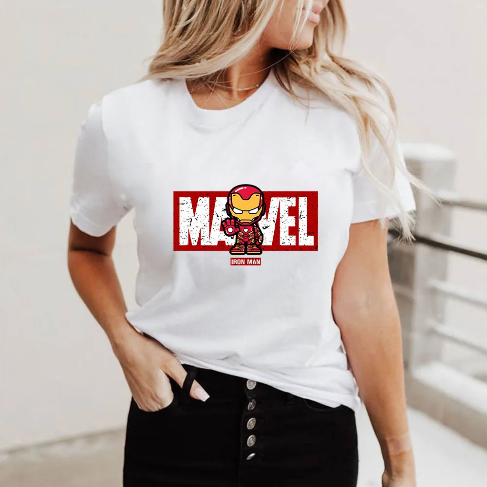 

2021 Fashion New Marvel T-shirt Summer Women's Short Sleeve Cartoon Iron Man Print Superhero T-shirt Ladies XS-2XL Loose White T