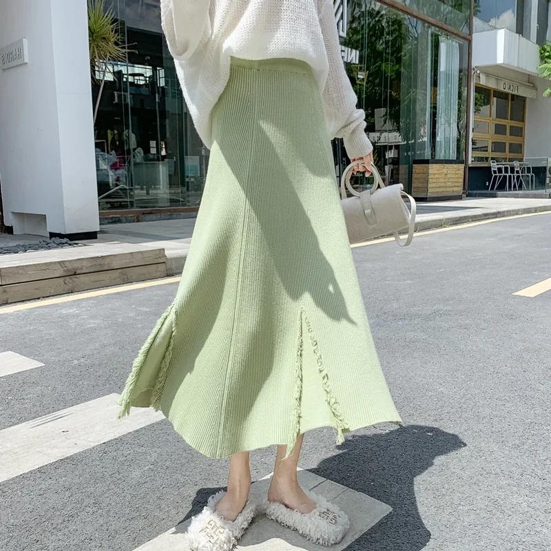

2020 Autumn& Winter New Korean Elastic High Waist Slimming Simple Solid Color Hole Women A-line Knitted Long Skirt Free Shipping