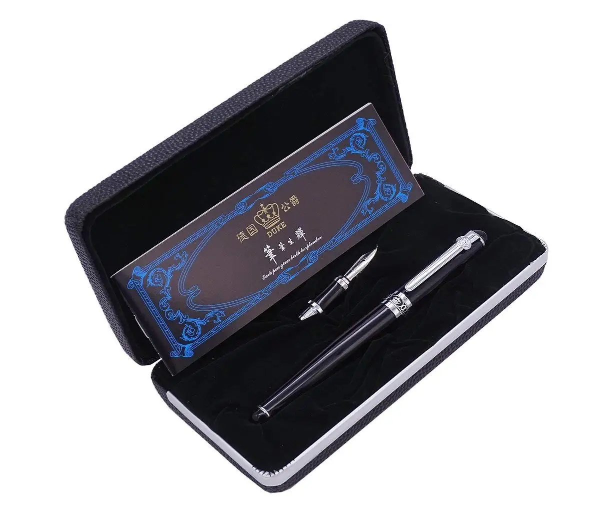 

Duke D2 Black Silver Clip d2 Medium Nib Fountain Pen with 1pc Calligraphy Fude Bent Nib Interchangeable Set for Writing Practice