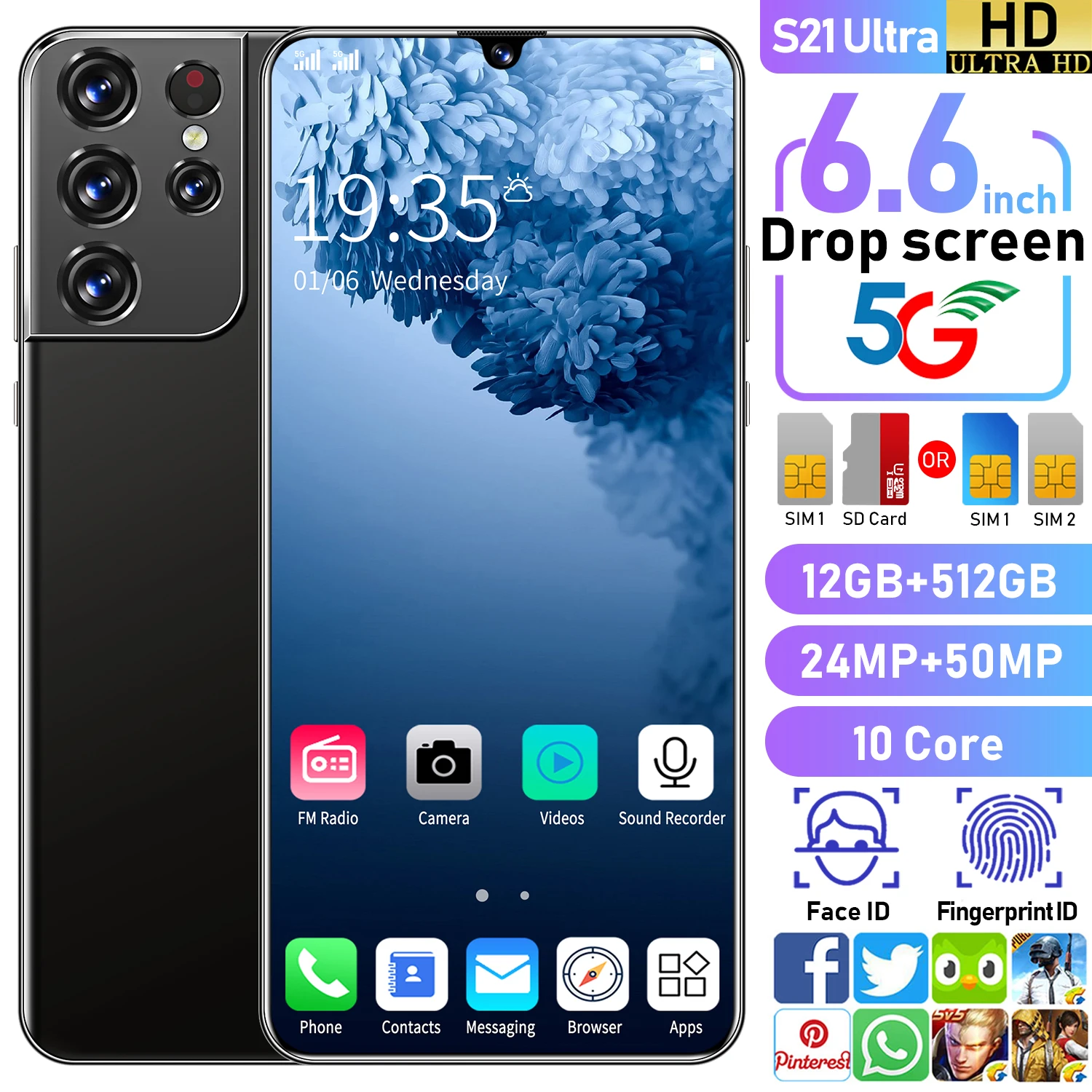 

S21+ 6.6Inch Smartphone 12GB+512GB 24MP+50MP Battery 6000mAh Android 10.0 5G 10 Core Face ID Fingerprint ID Telephone