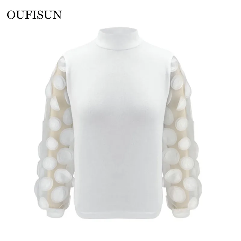 

Women's Sheer Mesh See-through Blouse 2020 New Fashion Elegant Slim Polka Dot Puff Long Sleeve Tops Shirt Turtleneck Fall Blouse