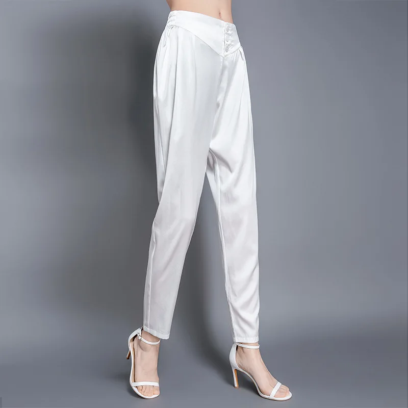 White 19 momme mulberry silk loose tight high waist satin silk trousers casual classic silk harem pants women summer 20112