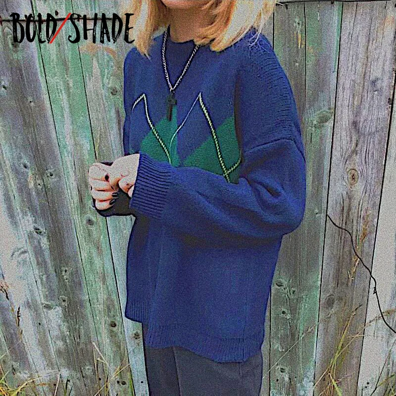 

Bold Shade Grunge 90s Indie Pull Sweaters Argyle Print Tricot Oversized Crewenck Women Sweater Streetwear Fashion Retro Knitwear