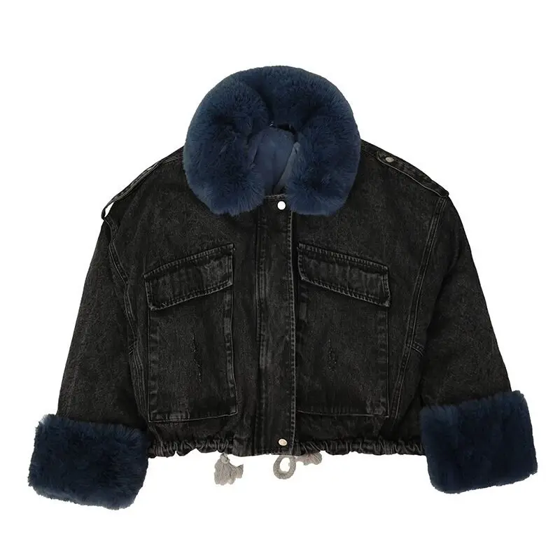 

Removable Liner Rabbit Fur Two-piece Denim Jacket Women Winter 2019 New Fashion Thicken Warm Short Jeans Cotton Padded Coat f202