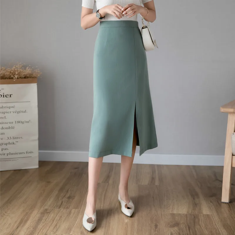 

Женская юбка-карандаш средней длины, синяя или зеленая элегантная офисная юбка-карандаш с высокой талией и разрезом, весна-лето