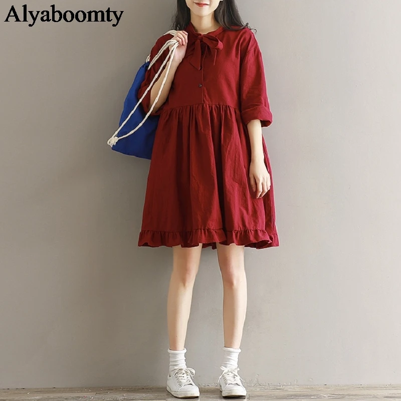 Женское винтажное платье весна-осень свободное хлопково-льняное японского