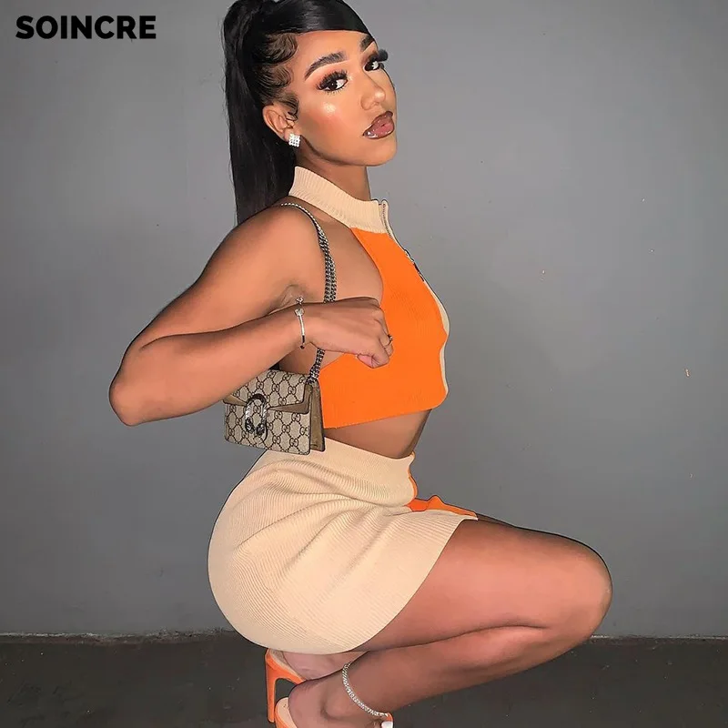 

2021 Summer Stitching Contrast Color Two-piece Women's Sleeveless Neck Halter Hollow Top Stitching Zipper Short Skirt Suit