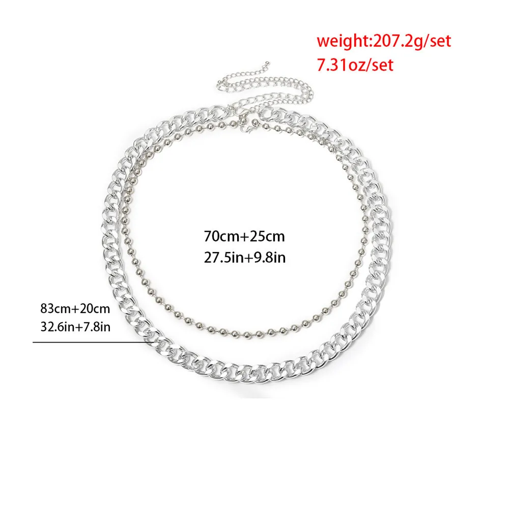 

2 Pcs/Set Cuban Chunky Waist Chain Belt Set for Women Personality Party Silver Color Bead Body Chain Jewelry Festival Accessory