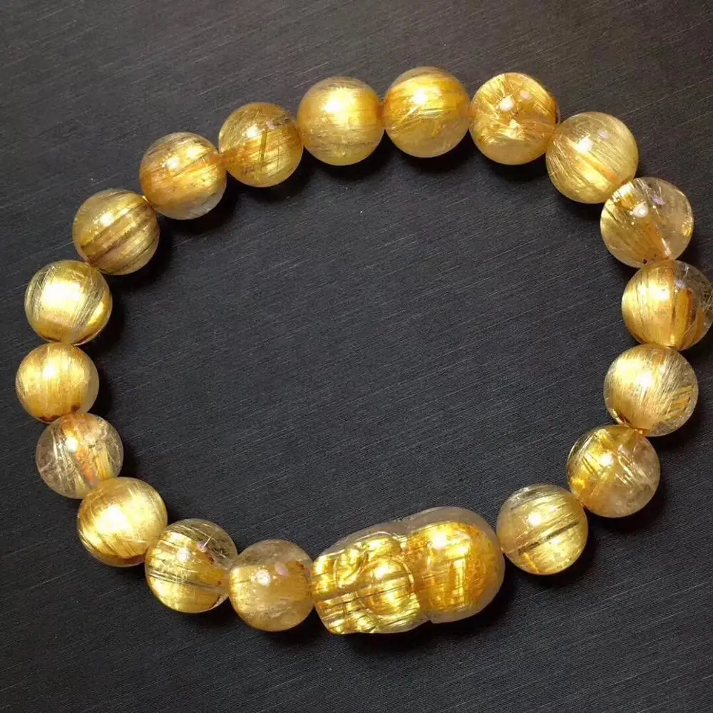 Verkauf Echte Natürliche Brasilien Gold Rutilated Quarz Kristall Armband 9mm Frau Mann Runde Perlen Pi Xiu Anhänger Wohlhabenden AAAAAA
