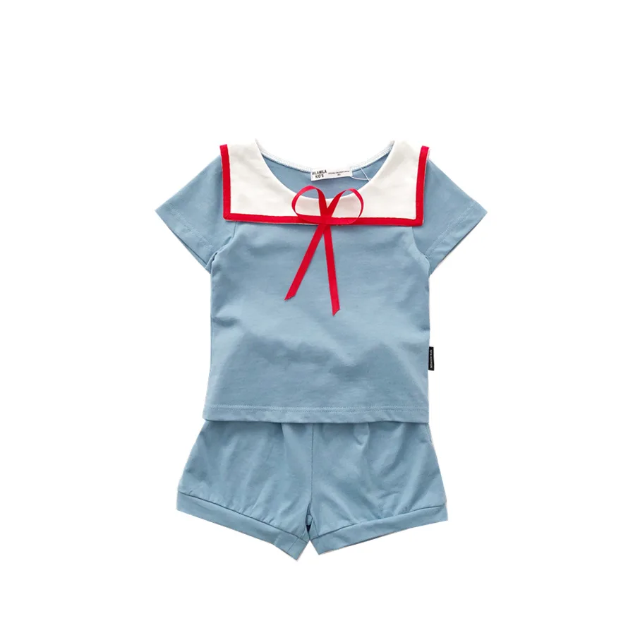 Tonytaobaby Летний Новый однотонный синий костюм для мальчиков и девочек хлопковый