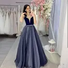 Женское вечернее платье с V-образным вырезом, голубое элегантное платье-трапеция без рукавов на тонких бретельках, модель 2020 года