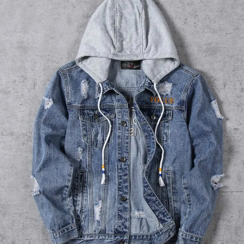 

2021 Men's Spring Denim Jackets Men's Casual Loose Hole Hooded Denim Jackets Solid Color Retro Hip-hop Street Jean Coats 4XL