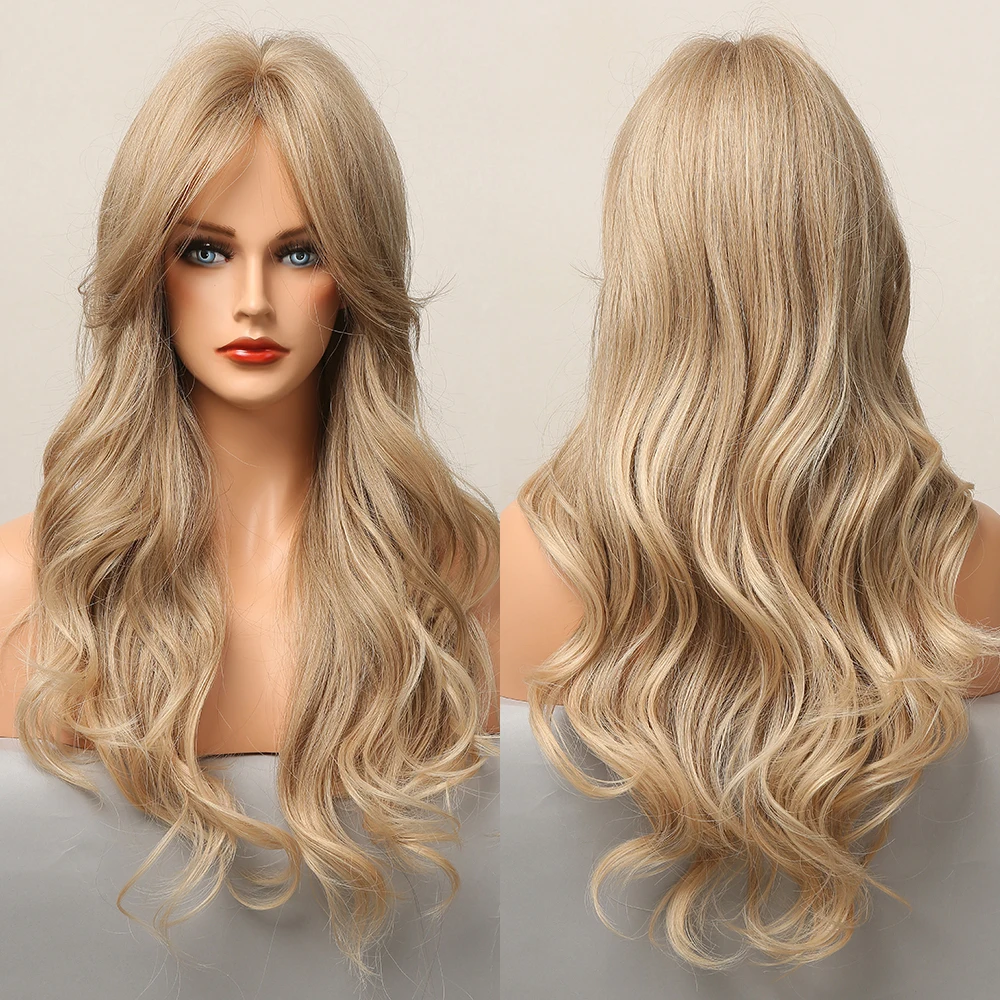 

Long Honey Brown Synthetic Wigs with Side Bangs Natural Wave Wigs for Afro American Women Heat Resistant Cosplay Party Daily Use
