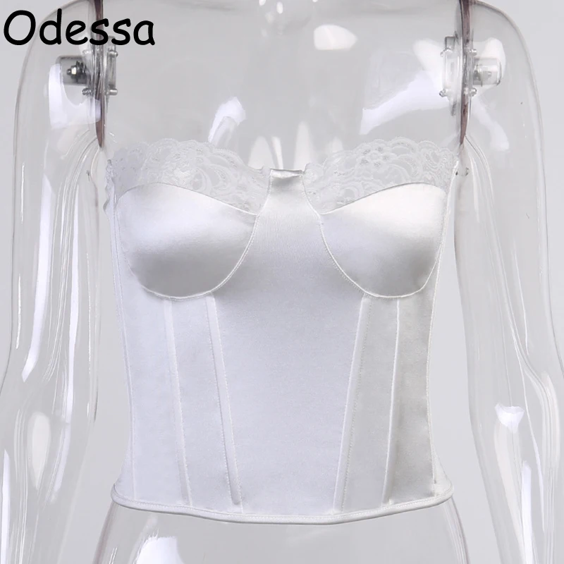 

Odessa Lace White Sexy Strapless Corset Crop Top Women Off Shoulder Sleeveless Backless Party Tube Bustiers Fashion Summer 2021
