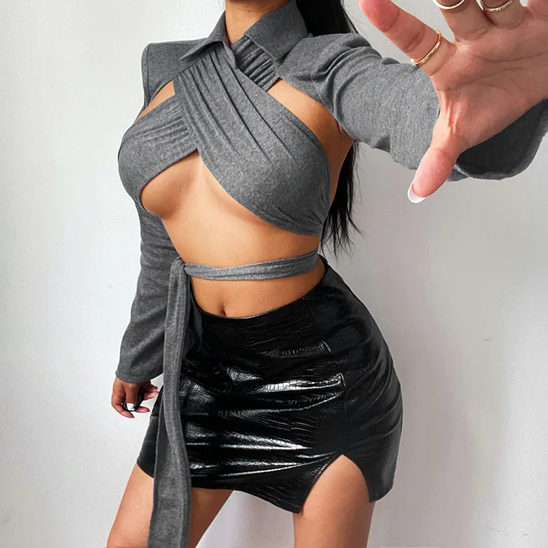 

Hollow Out Crop Top Y2K Punk Tee Shirts For Women Asymmetrical Gothic Streetwear 2021 Autumn Sexy Skinny Club Clothes Top