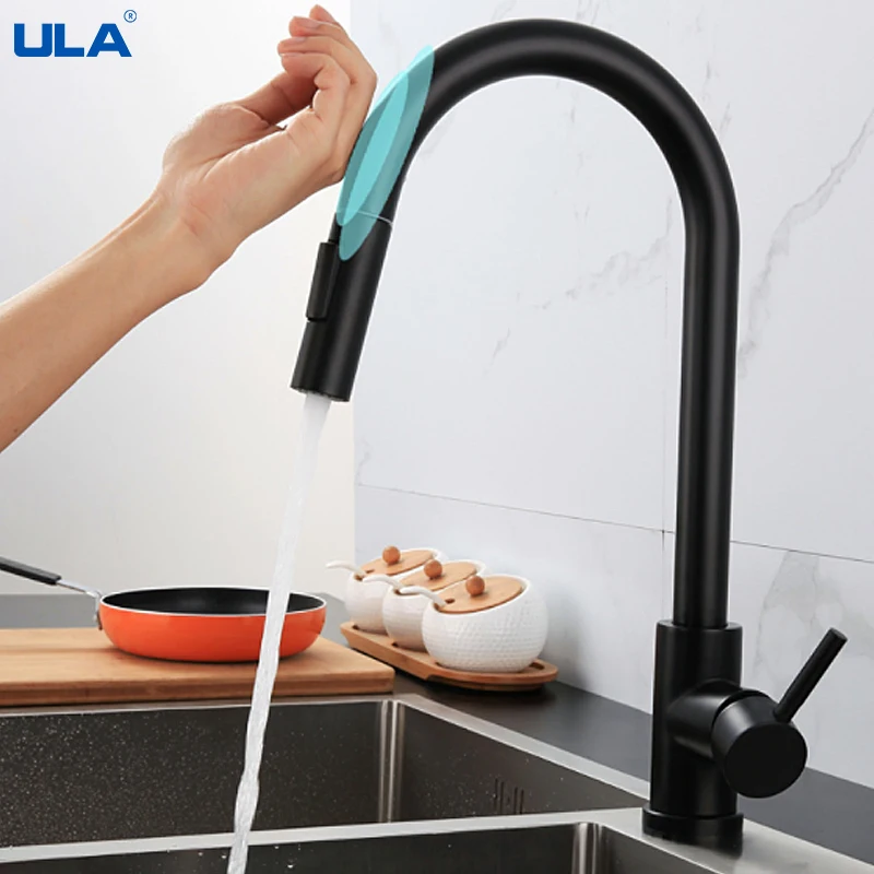 

ULA Touch Faucet Pull Out Black Sensor Kitchen Faucet Stream Deck Hot Cold Water Mixer 360 ° Rotate Sink Faucets Black Torneira