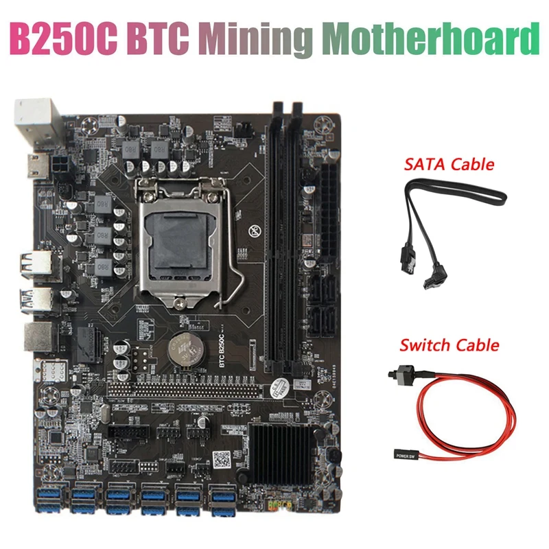 

B250C BTC Miner Motherboard with SATA Cable+Switch Cable 12XPCIE to USB3.0 Card Slot LGA1151 Supports DDR4 DIMM RAM