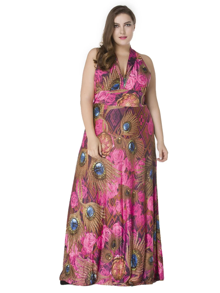 

2020 New Women Summer Long Dress Halter Neck Vintage Floral Printed Sleeveless Boho Maxi Dress Plus Size Holiday Beach Dresses